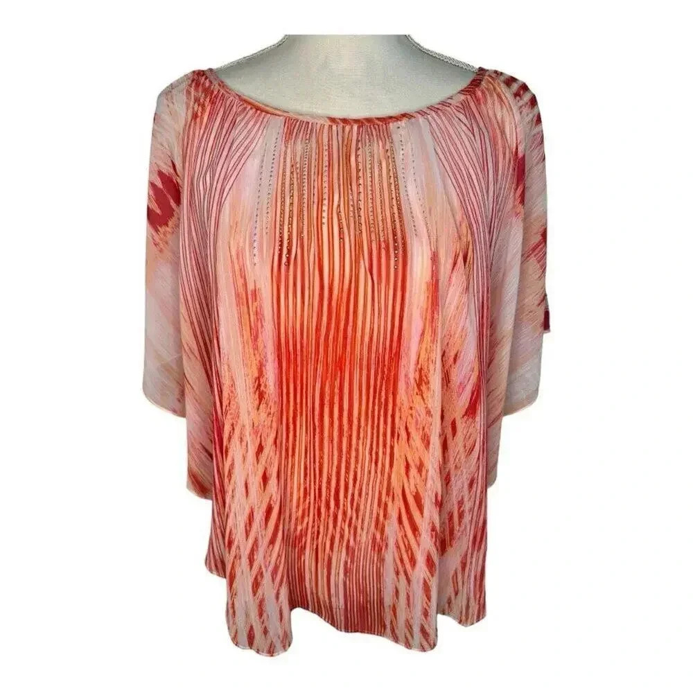 JM Collection Women's‎ Small Sheer Red Poncho Top Abstract Blouse Spring